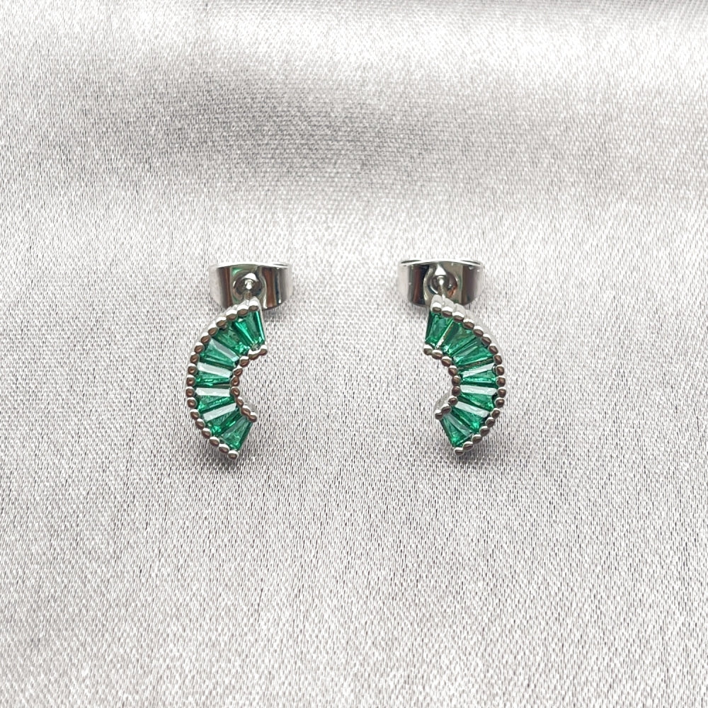 Rhodium Gold Filled Stud Earring, Baguette Design, with Green Cubic Zirconia, Polished, Rhodium Finish