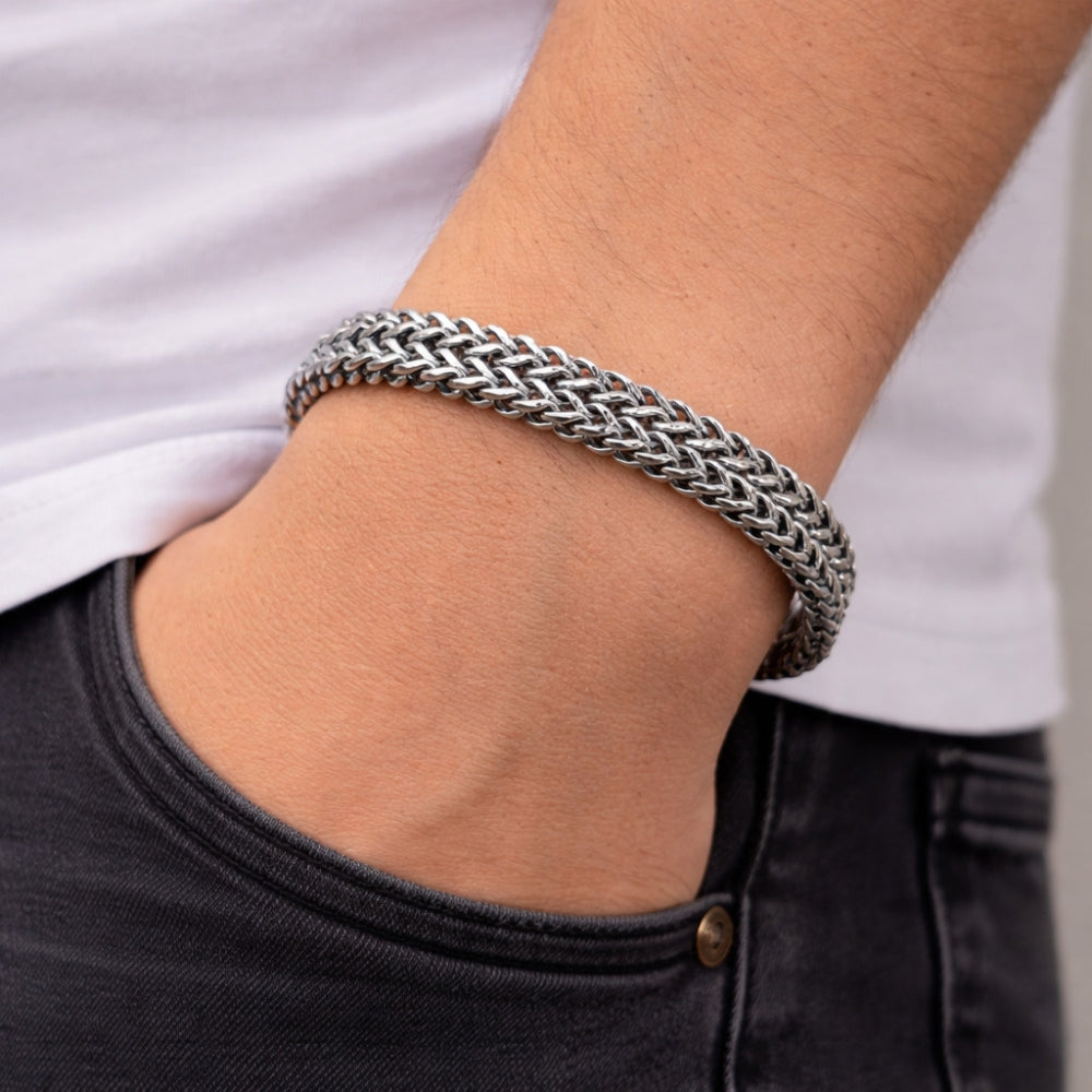 Stainless Steel Fancy Bracelet, Square Franco Design, Polished, Steel Finish