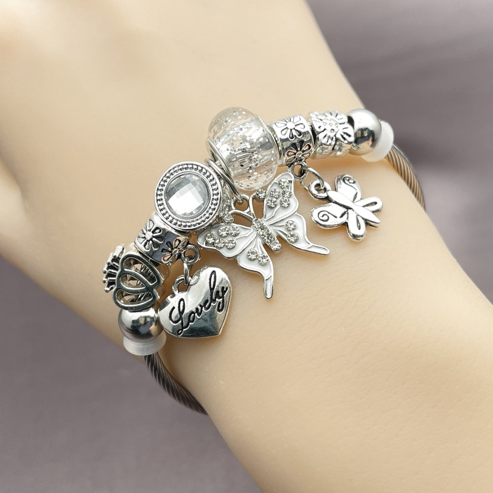 Stainless Steel Individual Bangle, Butterfly and Heart Design, with White Crystal, White Enamel Finish, Steel Finish