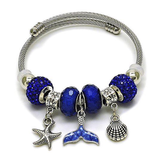 Stainless Steel Individual Bangle, Shell and Fish Design, with Sapphire Blue Crystal, Blue Enamel Finish, Steel Finish