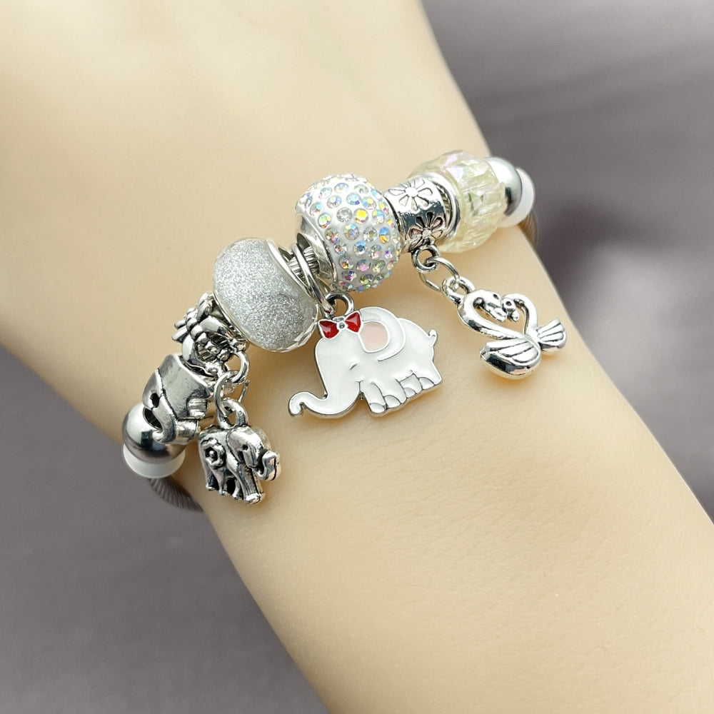 Stainless Steel Individual Bangle, Elephant and Swan Design, with Aurore Boreale and White Crystal, White Enamel Finish, Steel Finish