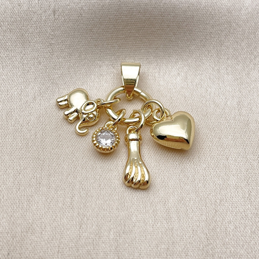 Oro Laminado Religious Pendant, Gold Filled Style Elephant and Heart Design, with White Cubic Zirconia, Polished, Golden Finish