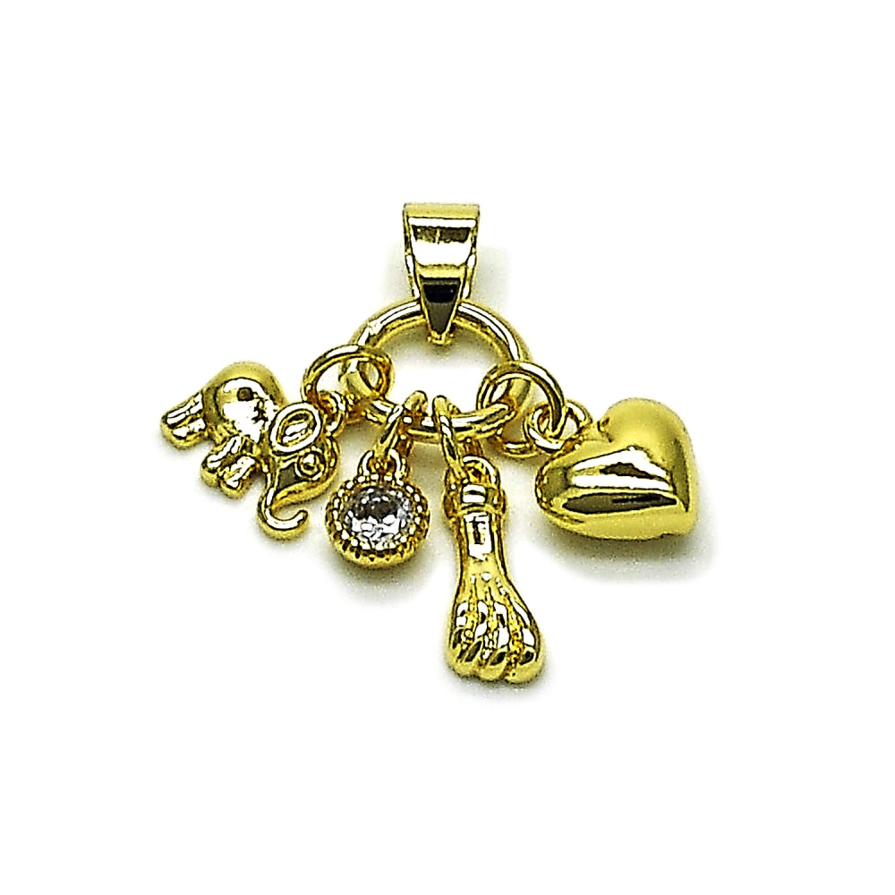 Oro Laminado Religious Pendant, Gold Filled Style Elephant and Heart Design, with White Cubic Zirconia, Polished, Golden Finish