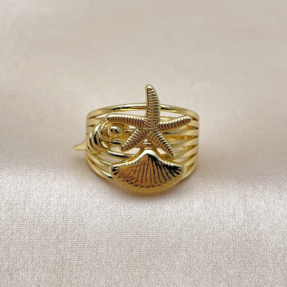 Oro Laminado Elegant Ring, Gold Filled Style Star and Shell Design, Polished, Golden Finish