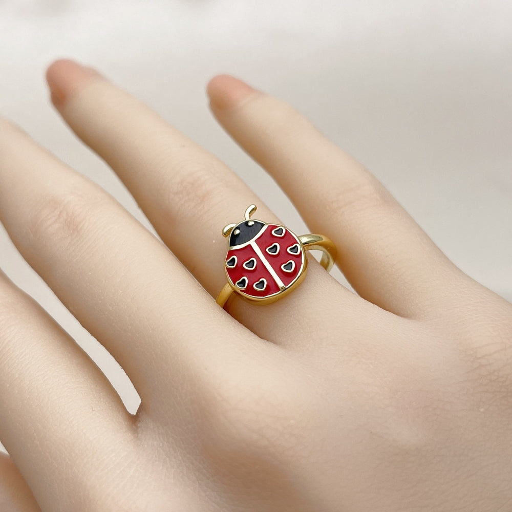 Oro Laminado Elegant Ring, Gold Filled Style Ladybug Design, Red Enamel Finish, Golden Finish