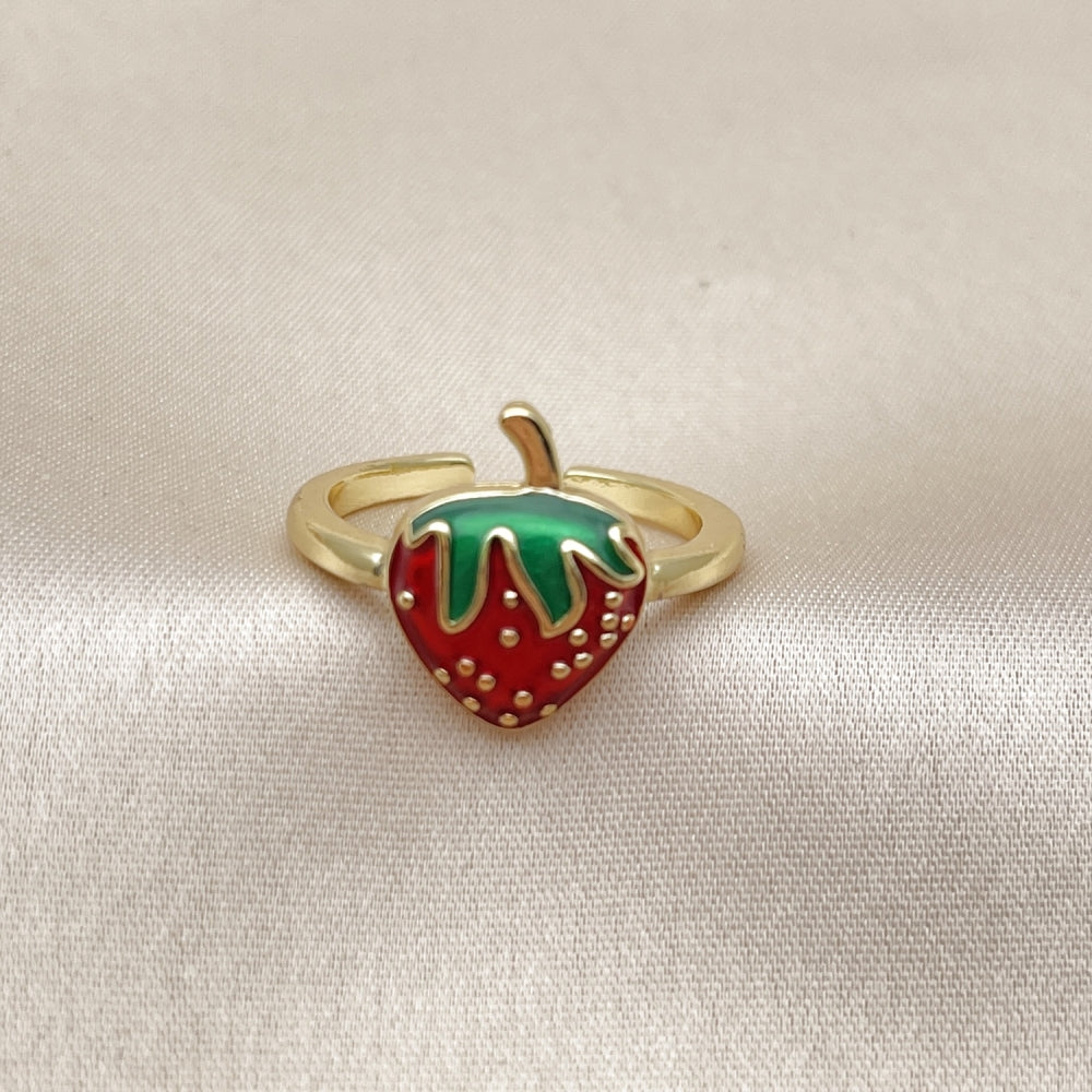 Oro Laminado Elegant Ring, Gold Filled Style Strawberry Design, Red Enamel Finish, Golden Finish