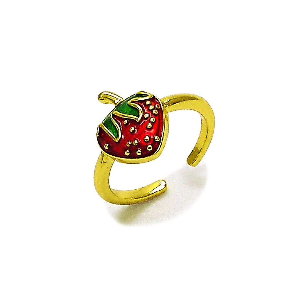 Oro Laminado Elegant Ring, Gold Filled Style Strawberry Design, Red Enamel Finish, Golden Finish
