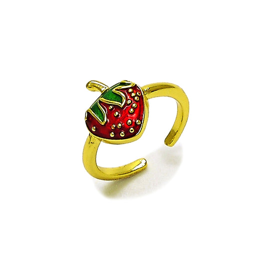 Oro Laminado Elegant Ring, Gold Filled Style Strawberry Design, Red Enamel Finish, Golden Finish