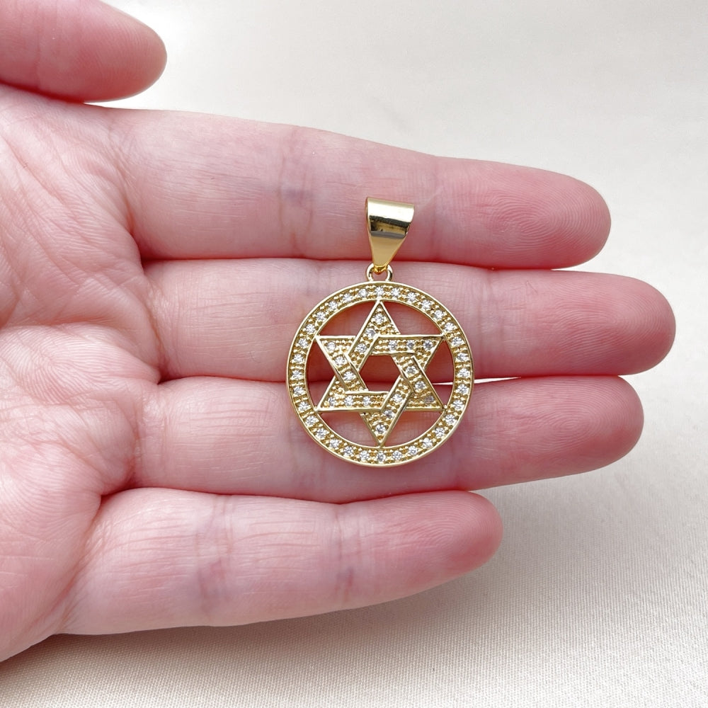 Oro Laminado Religious Pendant, Gold Filled Style Star of David Design, with White Cubic Zirconia, Polished, Golden Finish