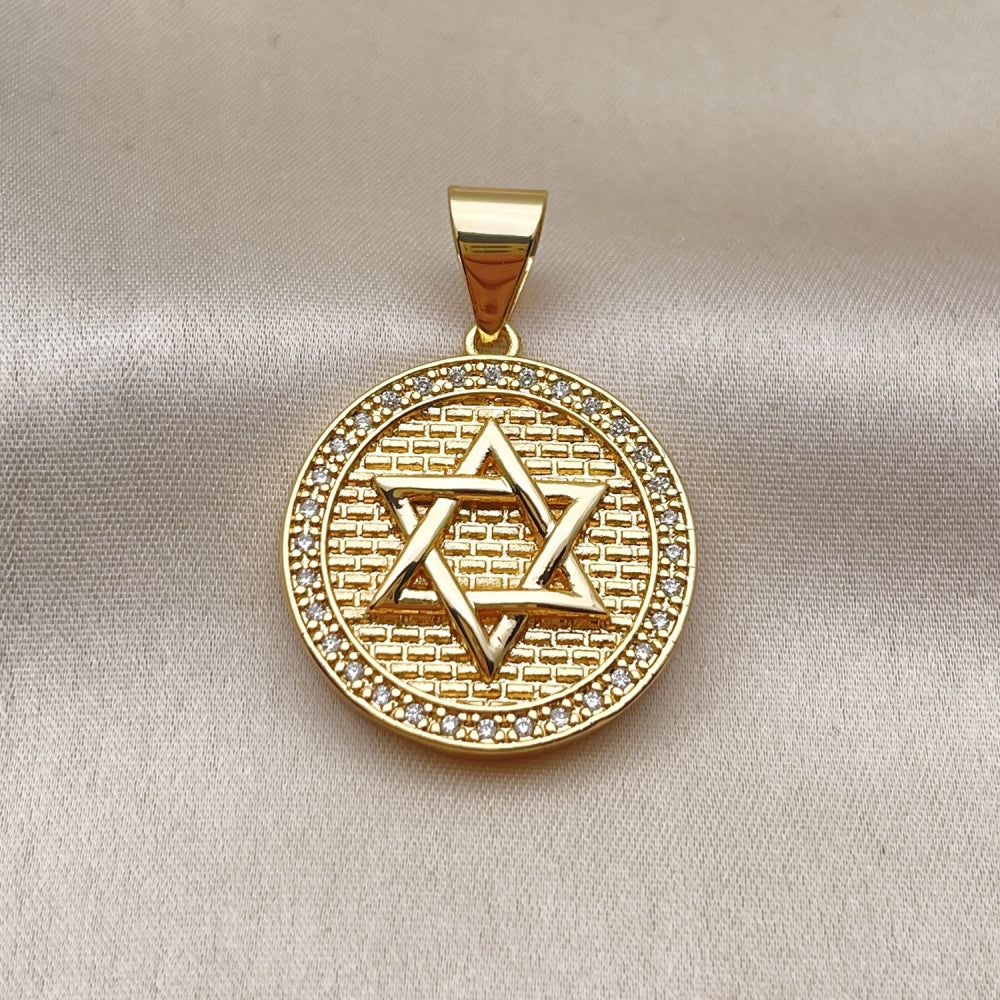 Oro Laminado Religious Pendant, Gold Filled Style Star of David Design, with White Cubic Zirconia, Polished, Golden Finish