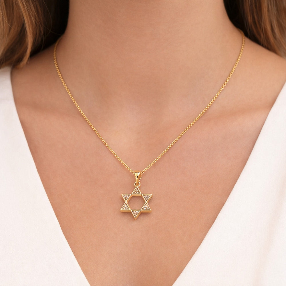 Oro Laminado Religious Pendant, Gold Filled Style Star of David Design, with White Cubic Zirconia, Polished, Golden Finish