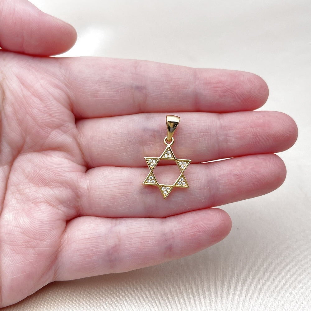 Oro Laminado Religious Pendant, Gold Filled Style Star of David Design, with White Cubic Zirconia, Polished, Golden Finish
