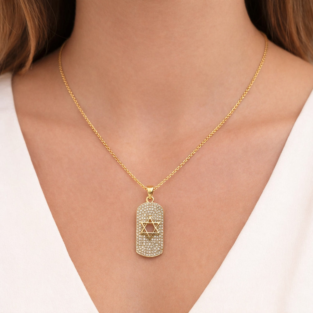 Oro Laminado Religious Pendant, Gold Filled Style Star of David Design, with White Micro Pave, Polished, Golden Finish