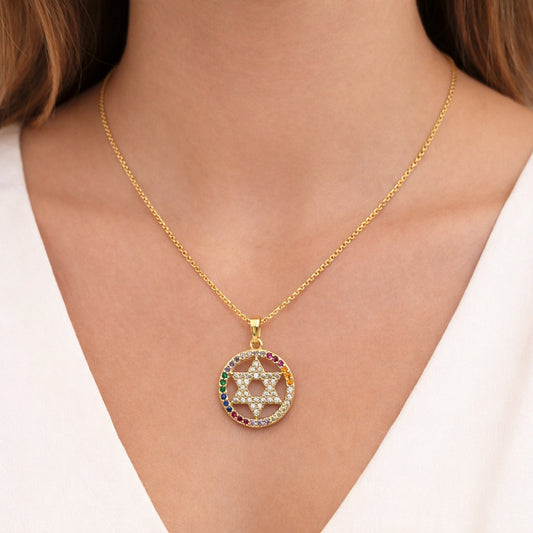 Oro Laminado Religious Pendant, Gold Filled Style Star of David Design, with Multicolor and White Cubic Zirconia, Polished, Golden Finish
