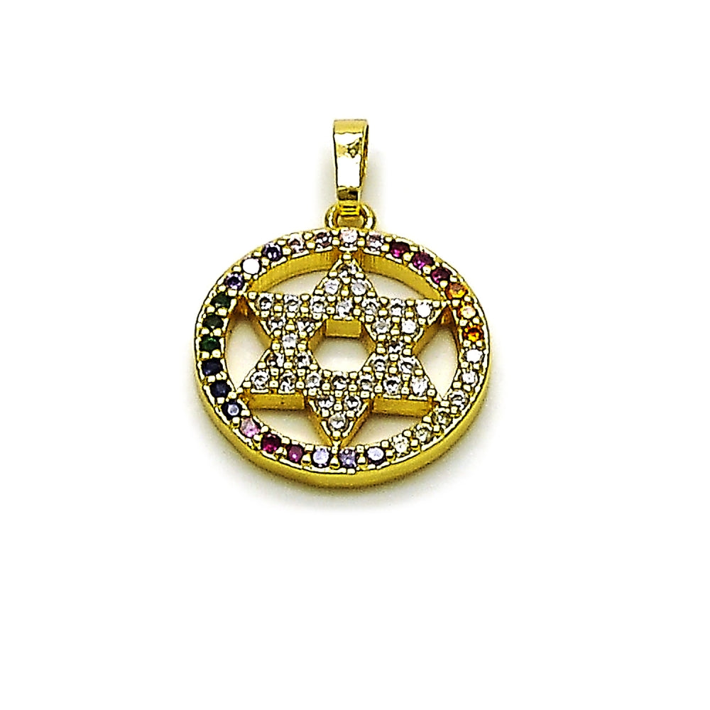 Oro Laminado Religious Pendant, Gold Filled Style Star of David Design, with Multicolor and White Cubic Zirconia, Polished, Golden Finish