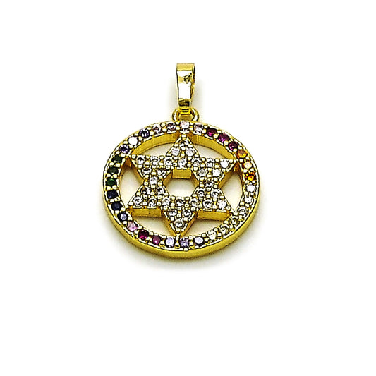 Oro Laminado Religious Pendant, Gold Filled Style Star of David Design, with Multicolor and White Cubic Zirconia, Polished, Golden Finish