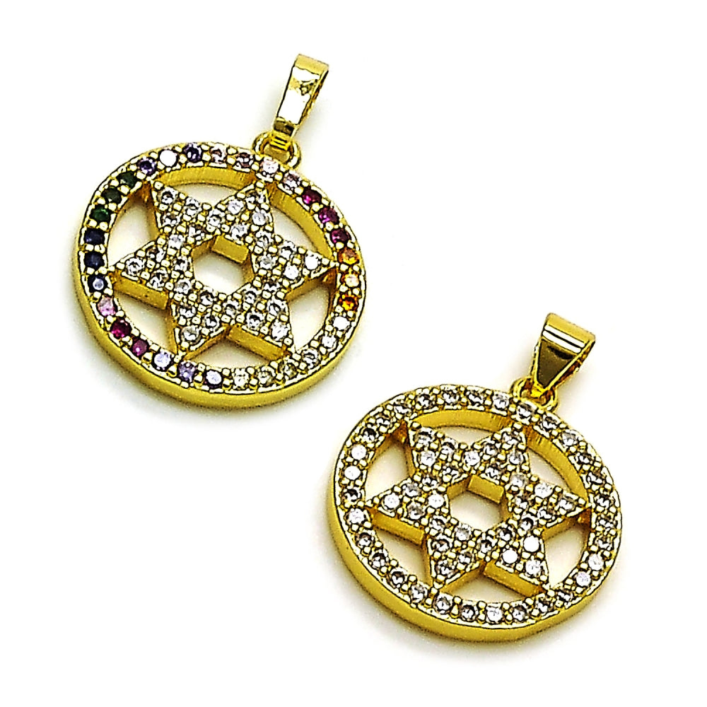 Oro Laminado Religious Pendant, Gold Filled Style Star of David Design, with Multicolor and White Cubic Zirconia, Polished, Golden Finish