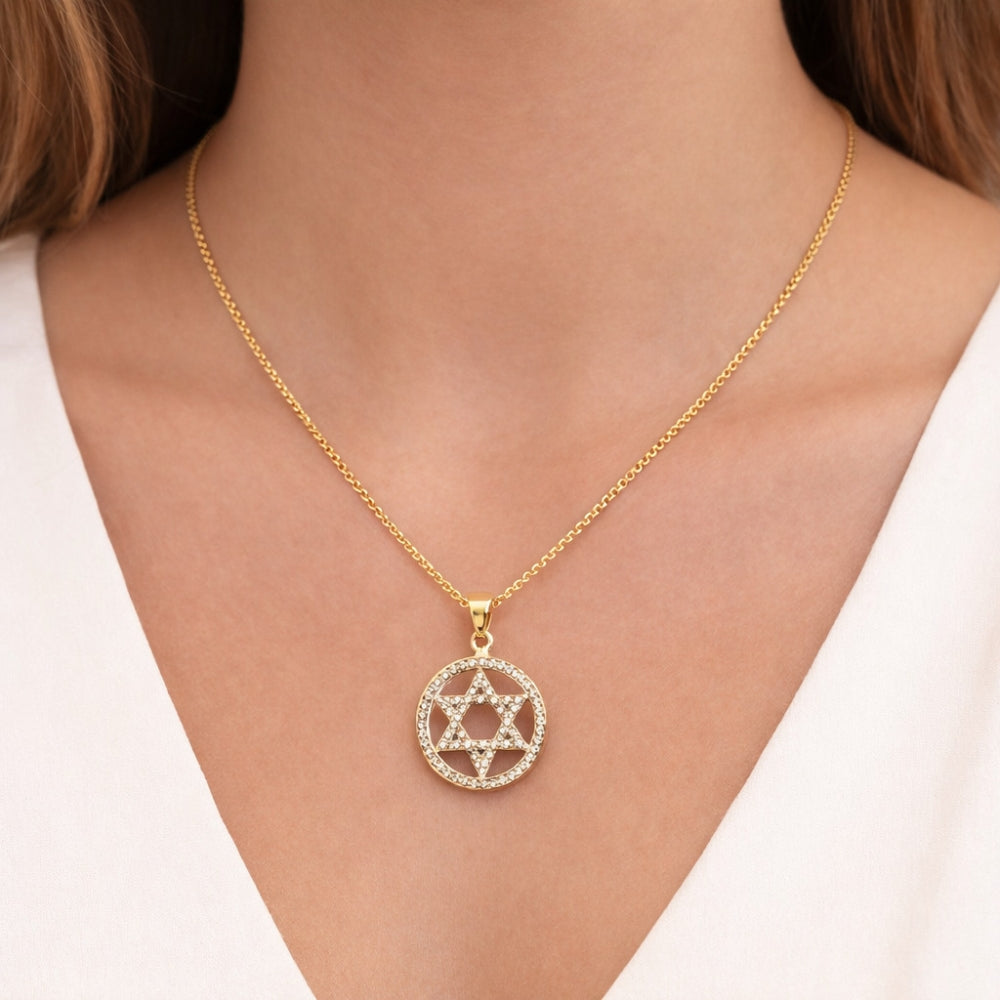 Oro Laminado Religious Pendant, Gold Filled Style Star of David Design, with White Cubic Zirconia, Polished, Golden Finish
