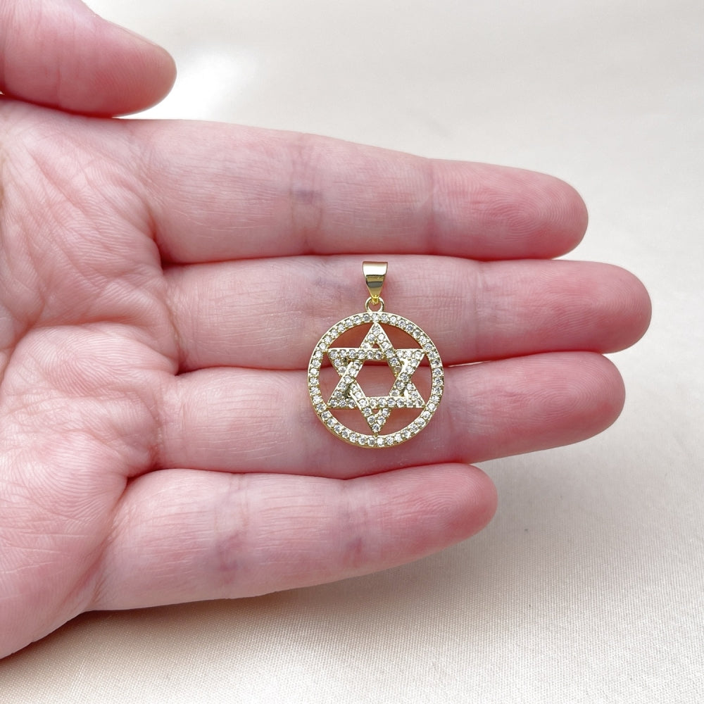 Oro Laminado Religious Pendant, Gold Filled Style Star of David Design, with White Cubic Zirconia, Polished, Golden Finish