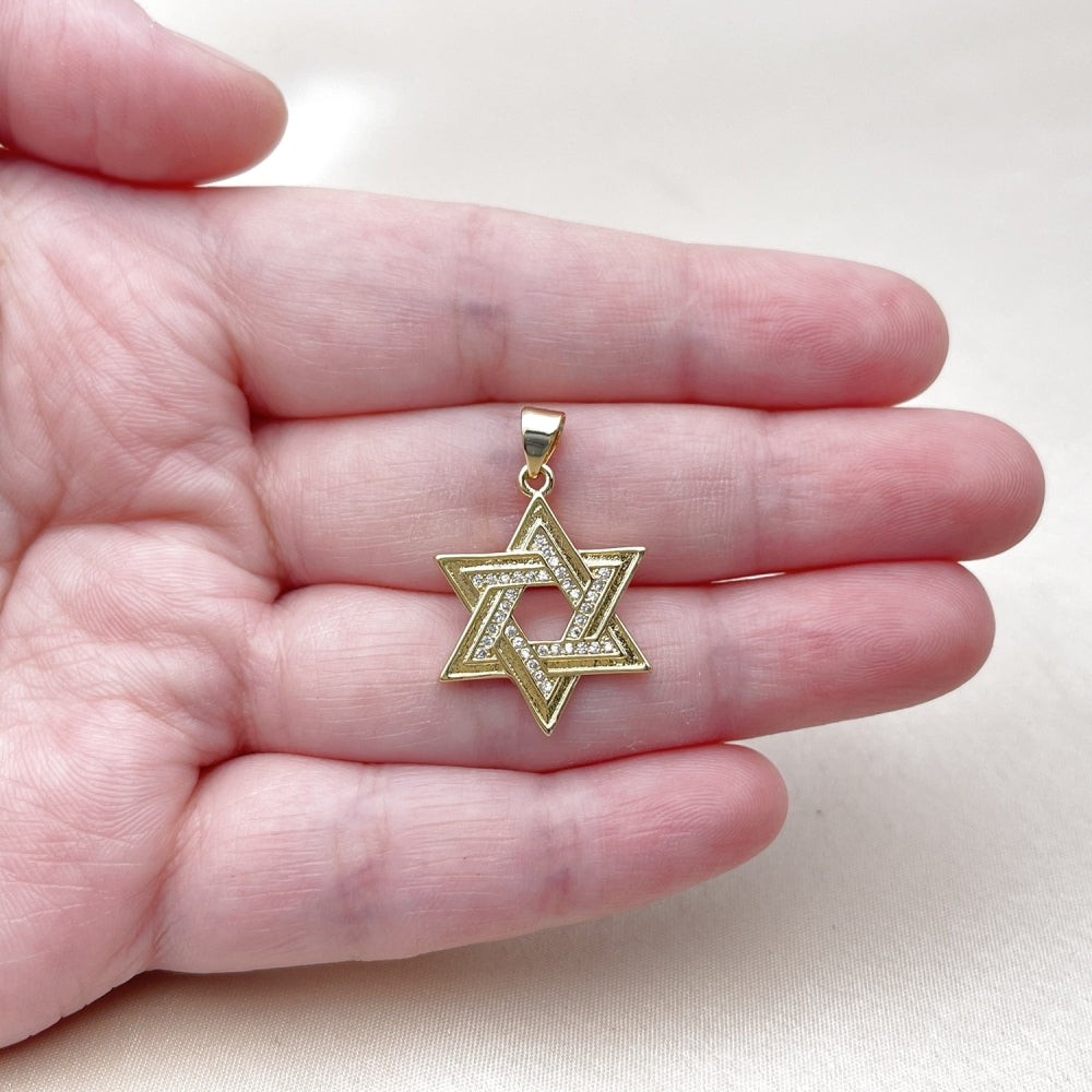 Oro Laminado Religious Pendant, Gold Filled Style Star of David Design, with White Micro Pave, Polished, Golden Finish