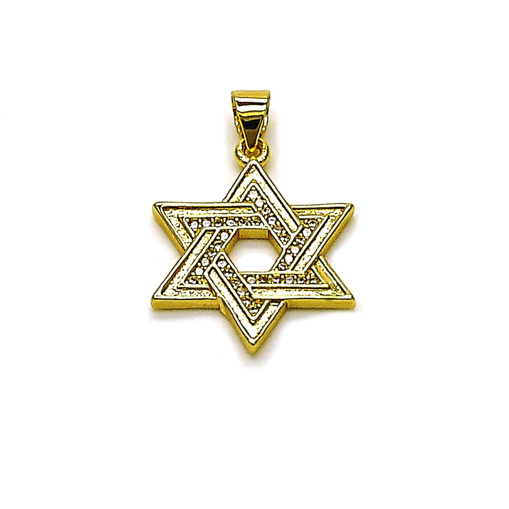 Oro Laminado Religious Pendant, Gold Filled Style Star of David Design, with White Micro Pave, Polished, Golden Finish