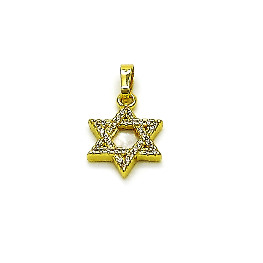 Oro Laminado Religious Pendant, Gold Filled Style Star of David Design, with White Micro Pave and Ivory Mother of Pearl, Polished, Golden Finish