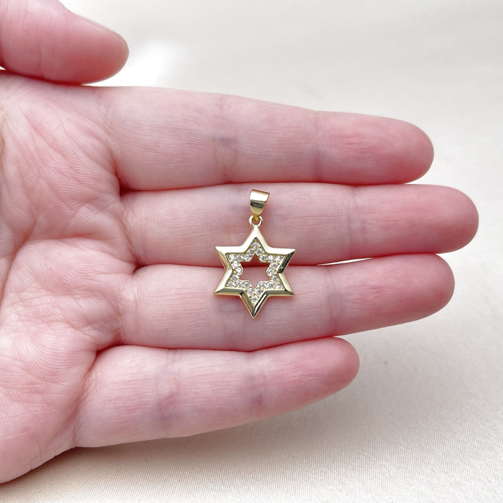 Oro Laminado Religious Pendant, Gold Filled Style Star of David Design, with White Cubic Zirconia, Polished, Golden Finish