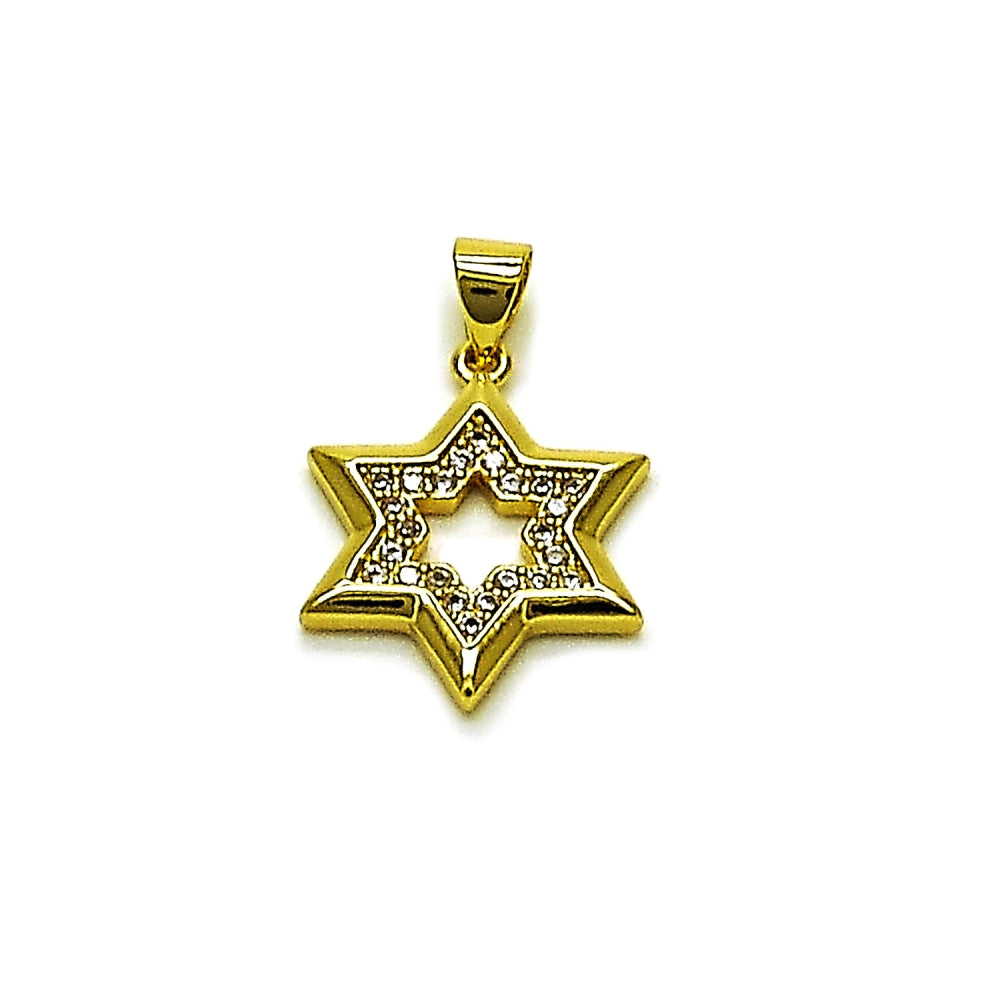 Oro Laminado Religious Pendant, Gold Filled Style Star of David Design, with White Cubic Zirconia, Polished, Golden Finish