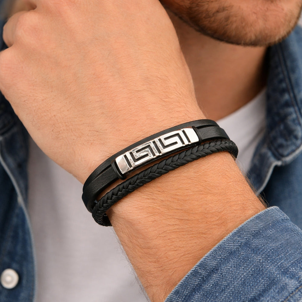 Stainless Steel Fancy Bracelet, Greek Key Design, Black Leather Finish, Steel Finish