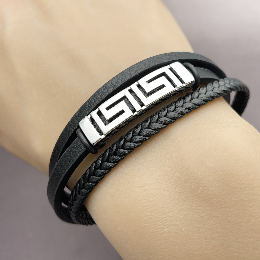 Stainless Steel Fancy Bracelet, Greek Key Design, Black Leather Finish, Steel Finish