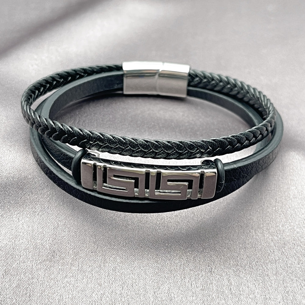 Stainless Steel Fancy Bracelet, Greek Key Design, Black Leather Finish, Steel Finish