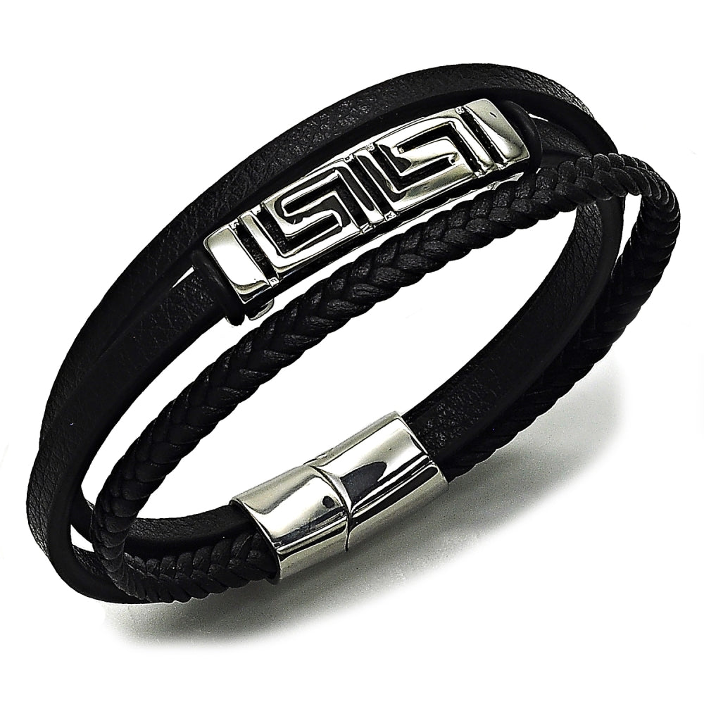 Stainless Steel Fancy Bracelet, Greek Key Design, Black Leather Finish, Steel Finish
