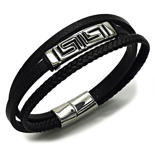 Stainless Steel Fancy Bracelet, Greek Key Design, Black Leather Finish, Steel Finish