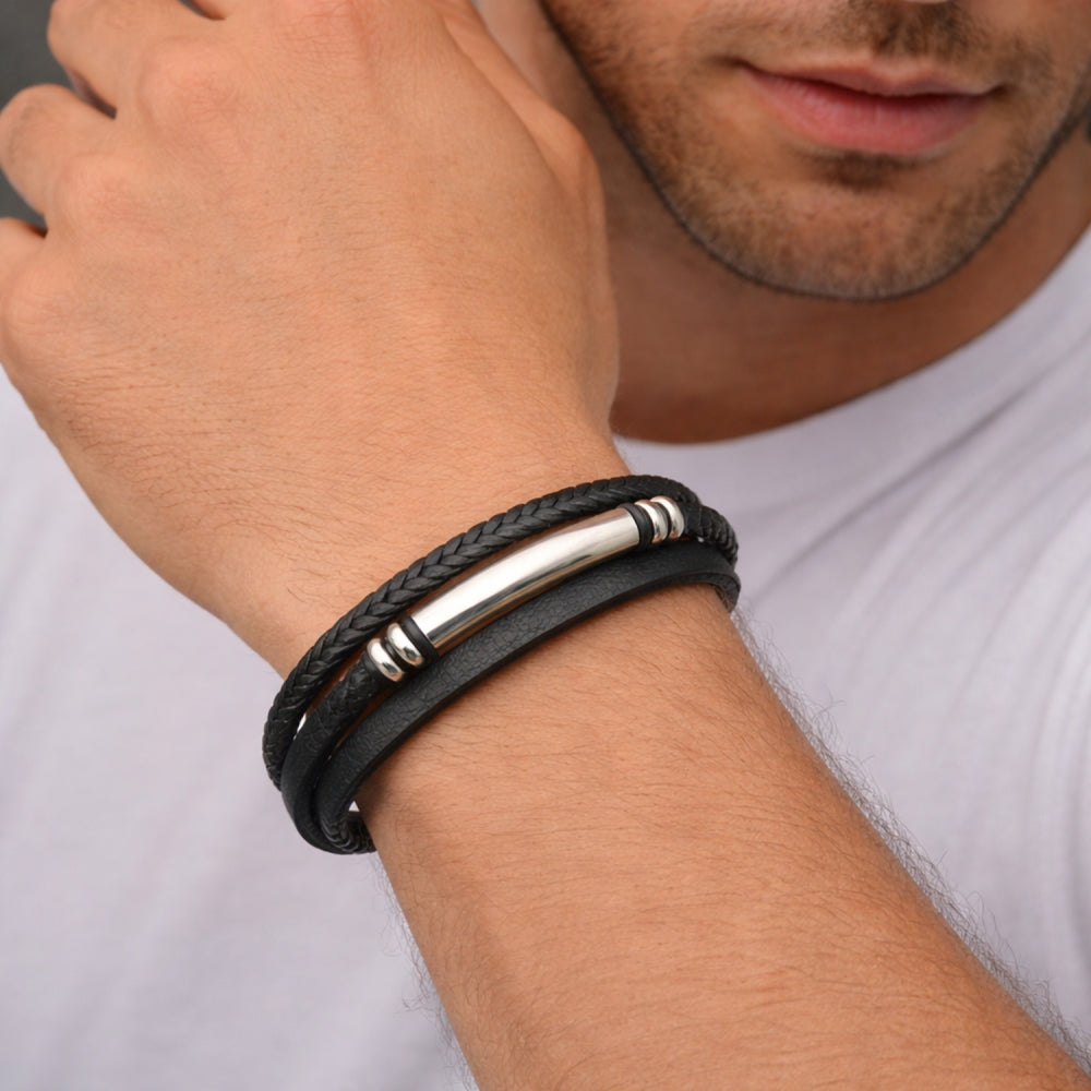 Stainless Steel Fancy Bracelet, Black Leather Finish, Steel Finish