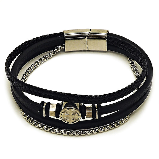 Stainless Steel Fancy Bracelet, Cross and Box Design, Black Leather Finish, Steel Finish