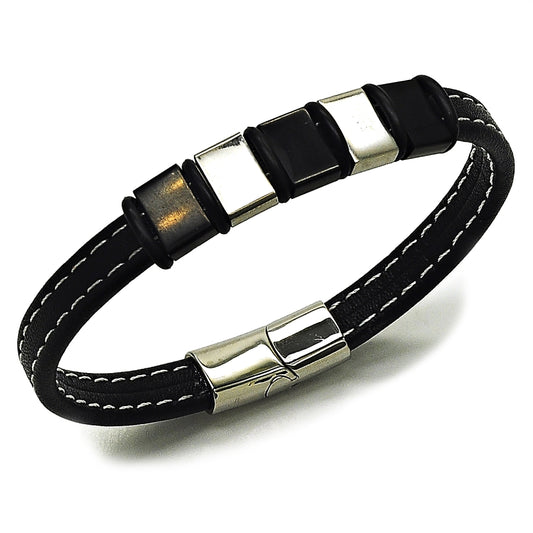 Stainless Steel Fancy Bracelet, Black Leather Finish, Steel Finish