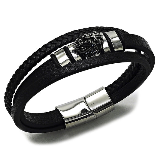 Stainless Steel Fancy Bracelet, Lion Design, Black Leather Finish, Steel Finish