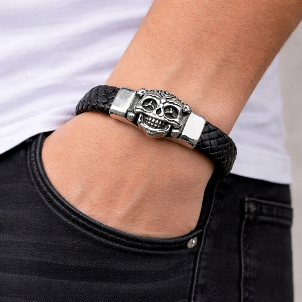 Stainless Steel Fancy Bracelet, Skull Design, Black Leather Finish, Steel Finish