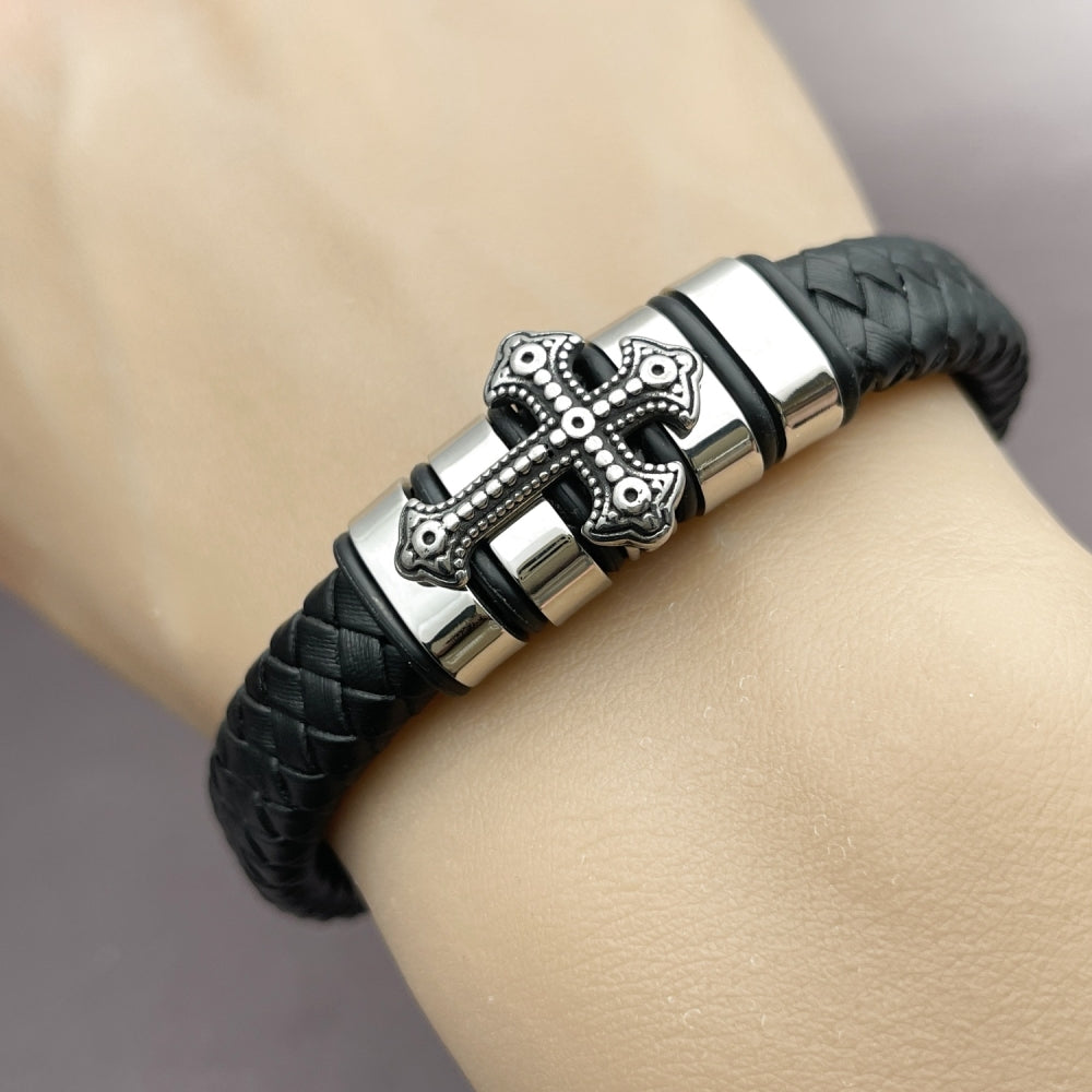 Stainless Steel Fancy Bracelet, Cross Design, Black Leather Finish, Steel Finish