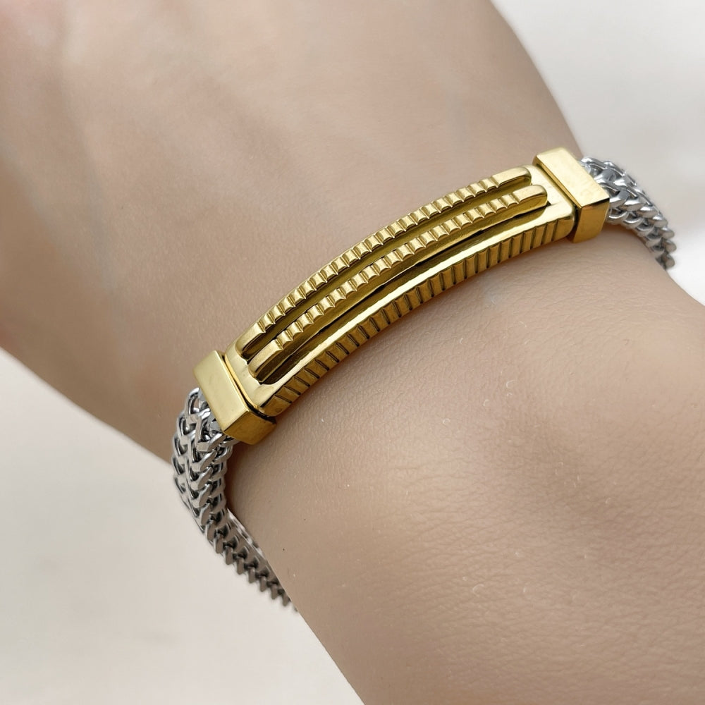 Stainless Steel Solid Bracelet, Square Franco Design, Polished, Two Tone