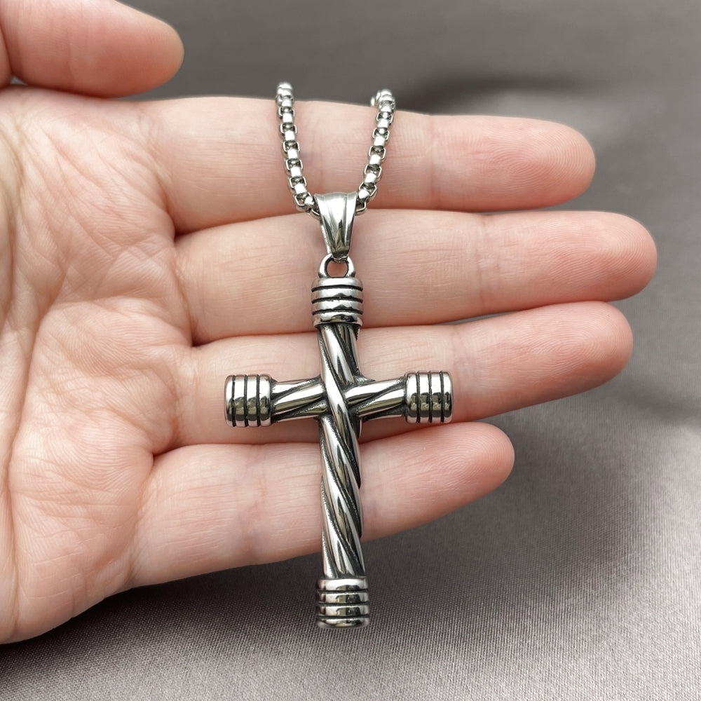 Stainless Steel Pendant Necklace, Box and Cross Design, Polished, Steel Finish