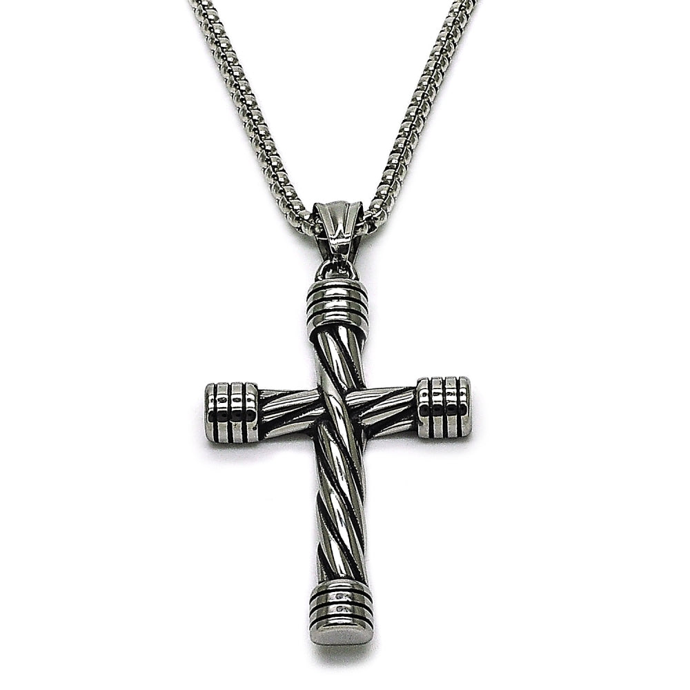 Stainless Steel Pendant Necklace, Box and Cross Design, Polished, Steel Finish