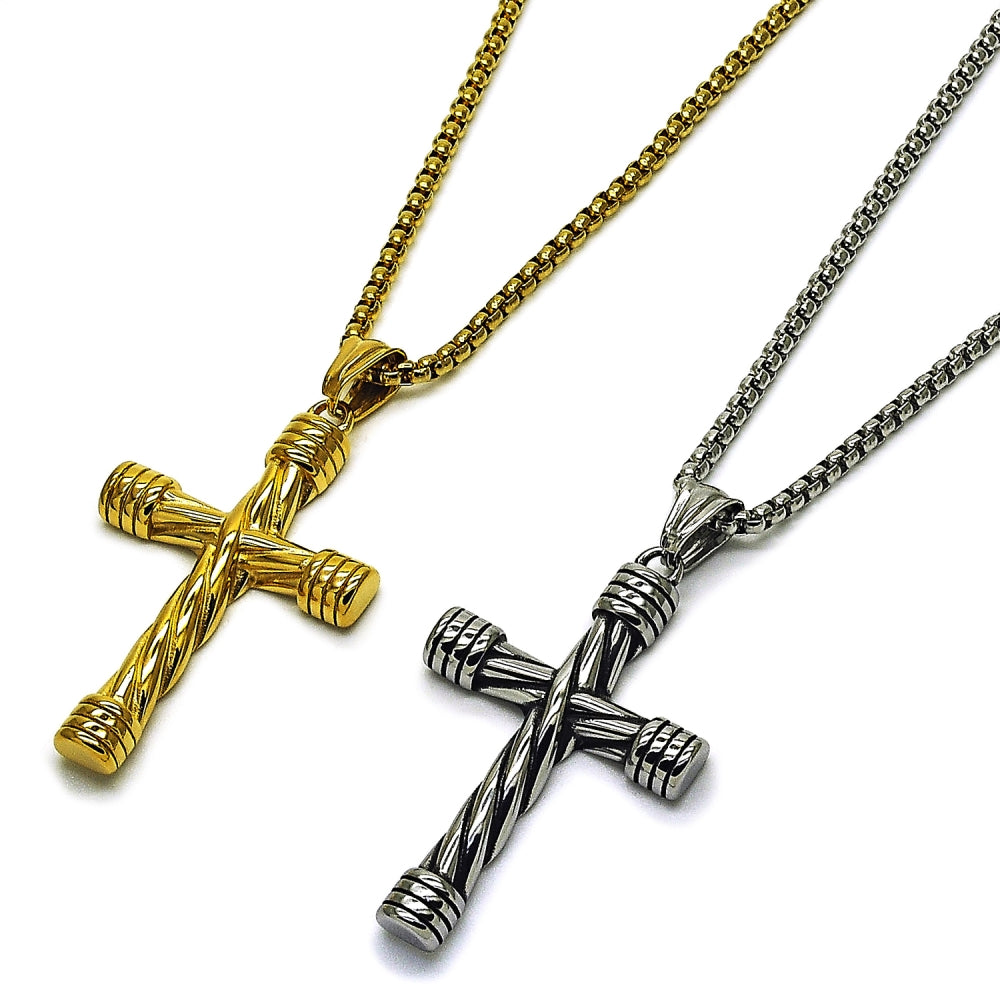 Stainless Steel Pendant Necklace, Box and Cross Design, Polished, Steel Finish