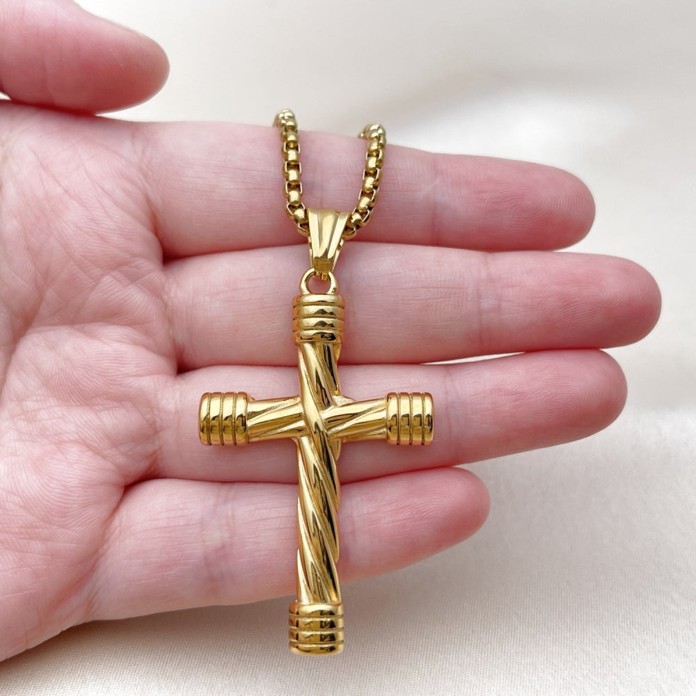 Stainless Steel Pendant Necklace, Box and Cross Design, Polished, Golden Finish