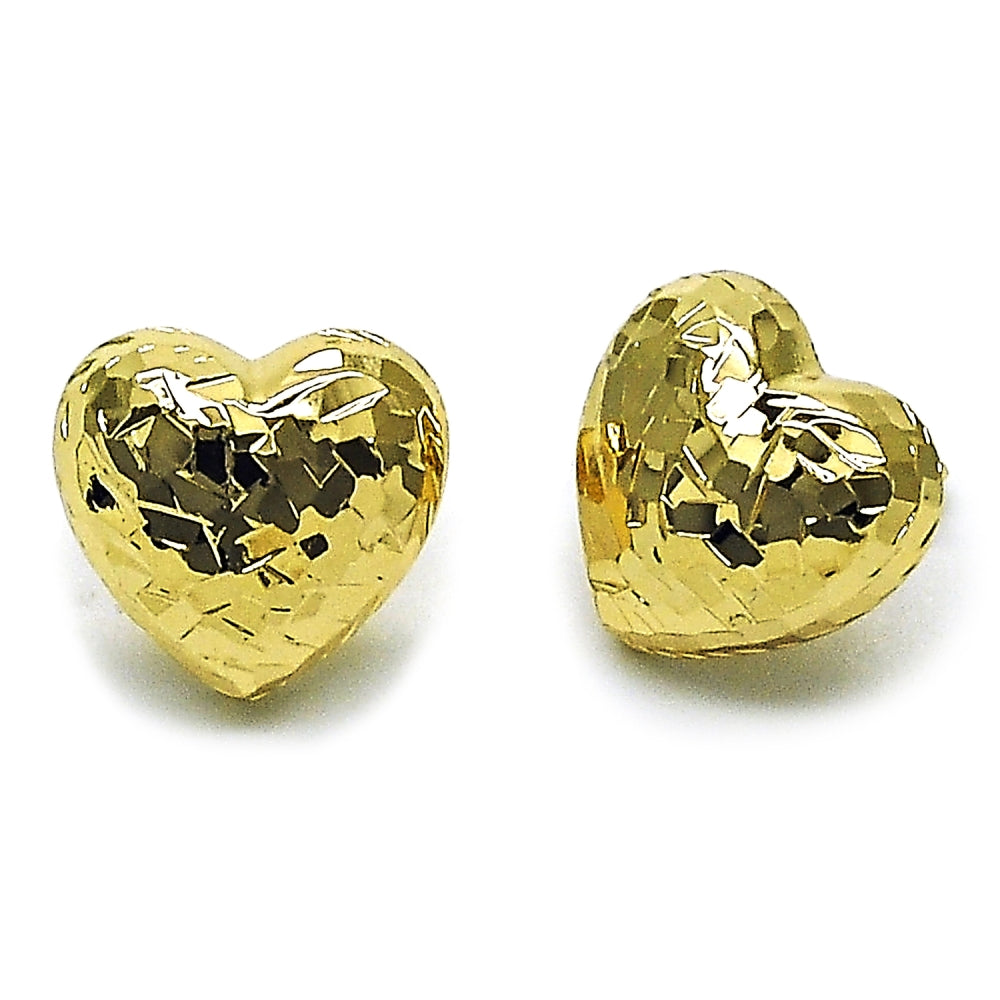 Oro Laminado Stud Earring, Gold Filled Style Heart Design, Diamond Cutting Finish, Golden Finish
