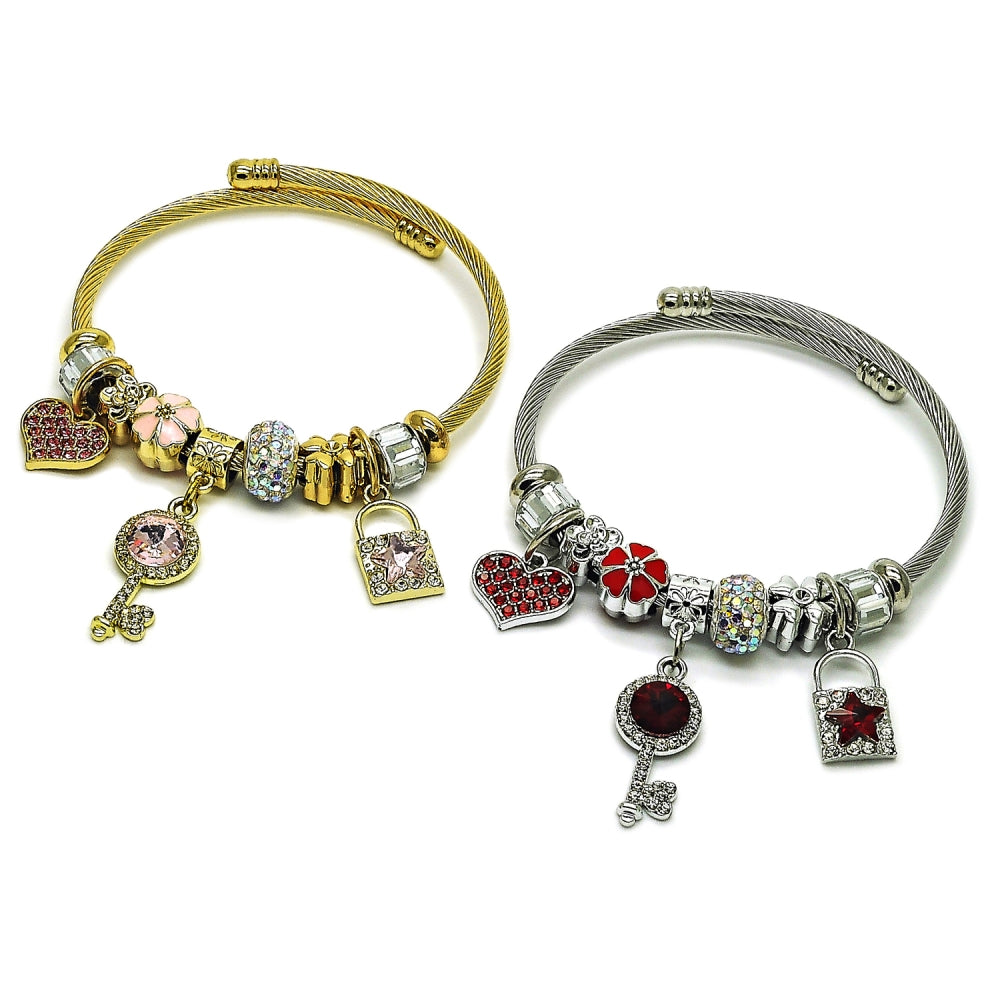 Stainless Steel Individual Bangle, key and Lock Design, with Aurore Boreale and Crystal Crystal, Red Enamel Finish, Steel Finish