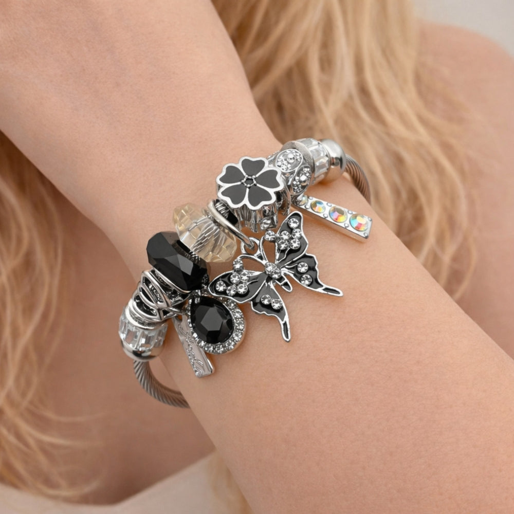 Stainless Steel Individual Bangle, Butterfly and Flower Design, with Jet and Aurore Boreale Crystal, Black Enamel Finish, Steel Finish