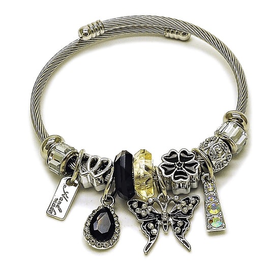 Stainless Steel Individual Bangle, Butterfly and Flower Design, with Jet and Aurore Boreale Crystal, Black Enamel Finish, Steel Finish
