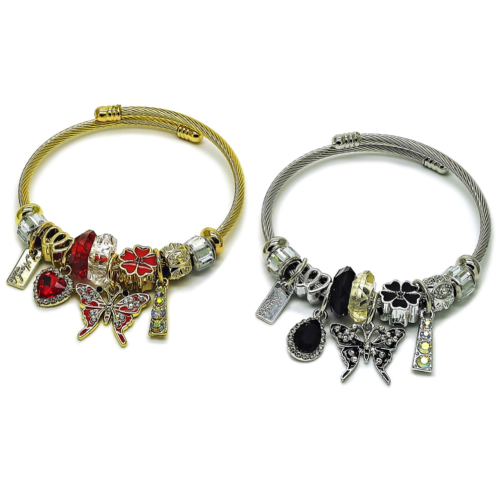 Stainless Steel Individual Bangle, Butterfly and Flower Design, with Jet and Aurore Boreale Crystal, Black Enamel Finish, Steel Finish