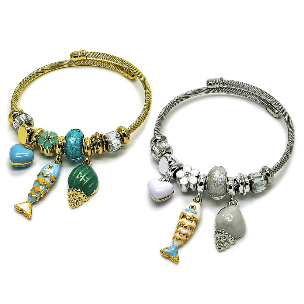 Stainless Steel Individual Bangle, Fish and Snail Design, with Light Turquoise and Crystal Crystal, Turquoise Enamel Finish, Golden Finish